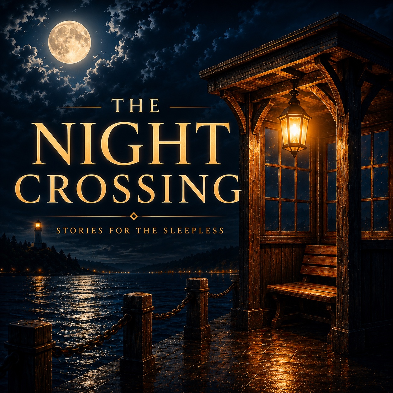 The Night Crossing. A moonlit waterside shelter glowing with lantern light beside dark water.